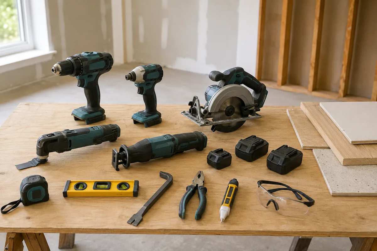 Cordless drill, impact driver, saws and oscillating tool beside batteries, measuring tools, pliers and safety glasses