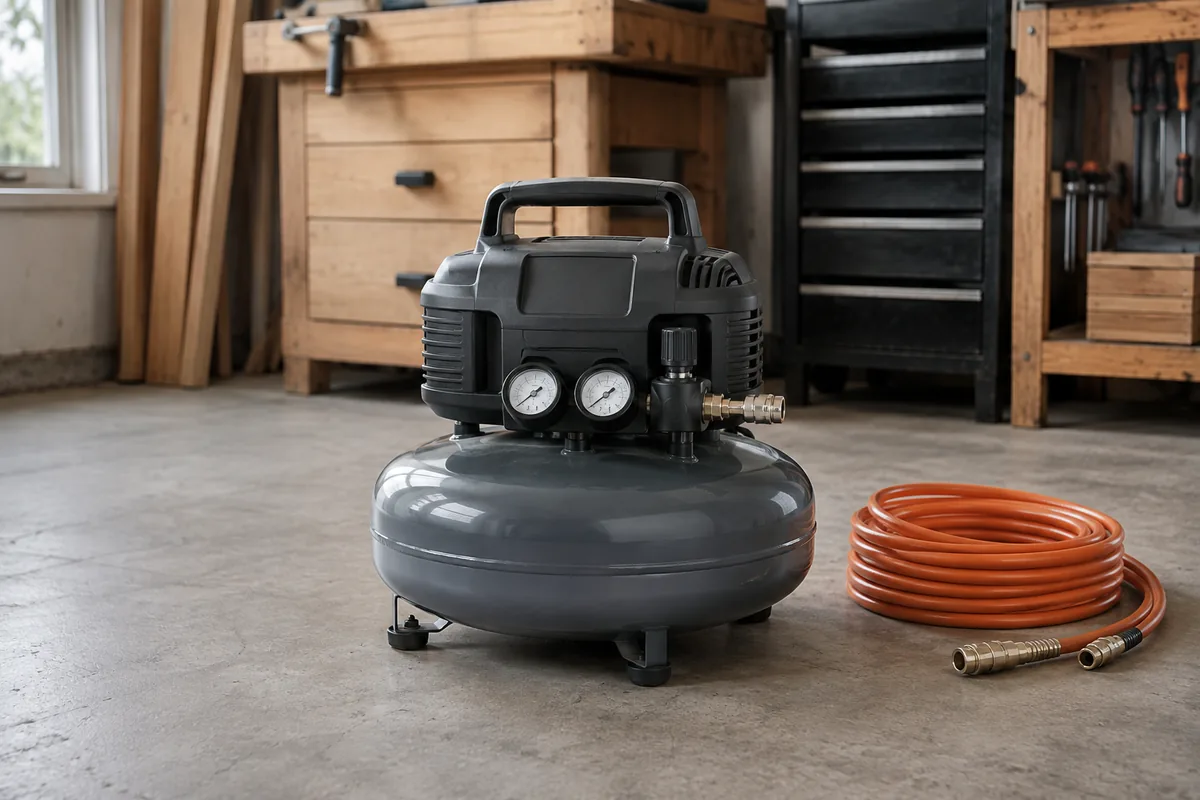 Compact pancake air compressor with a round low-profile tank and pressure gauges beside a coiled air hose