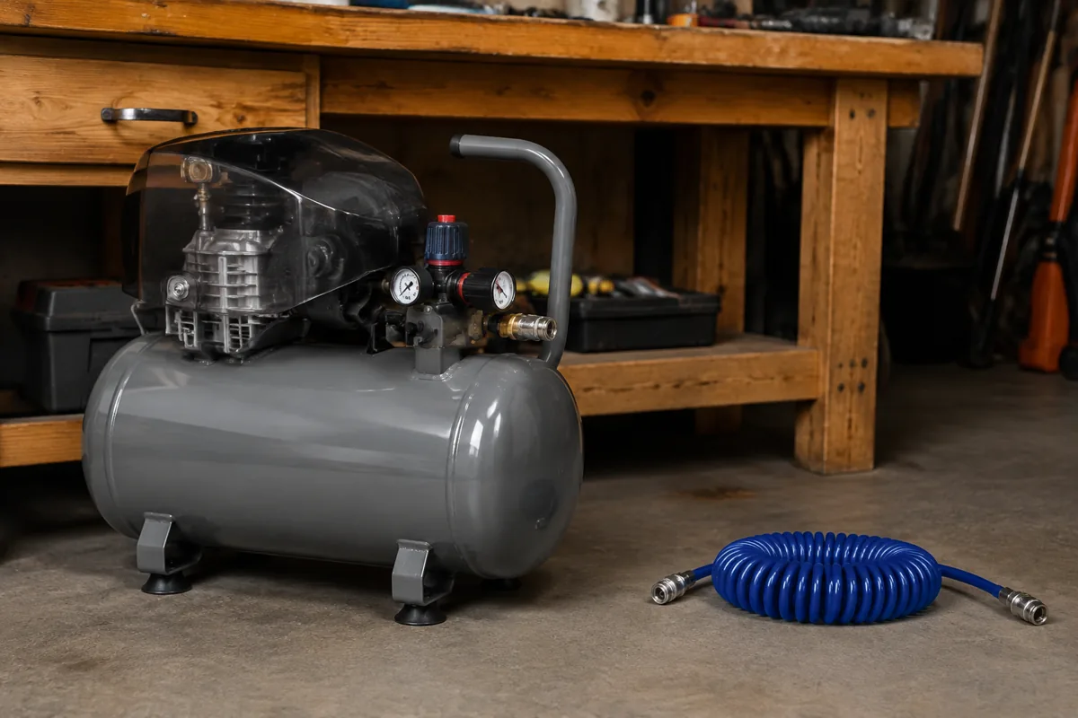 Portable air compressor with a horizontal tank beside a coiled air hose in a garage workshop