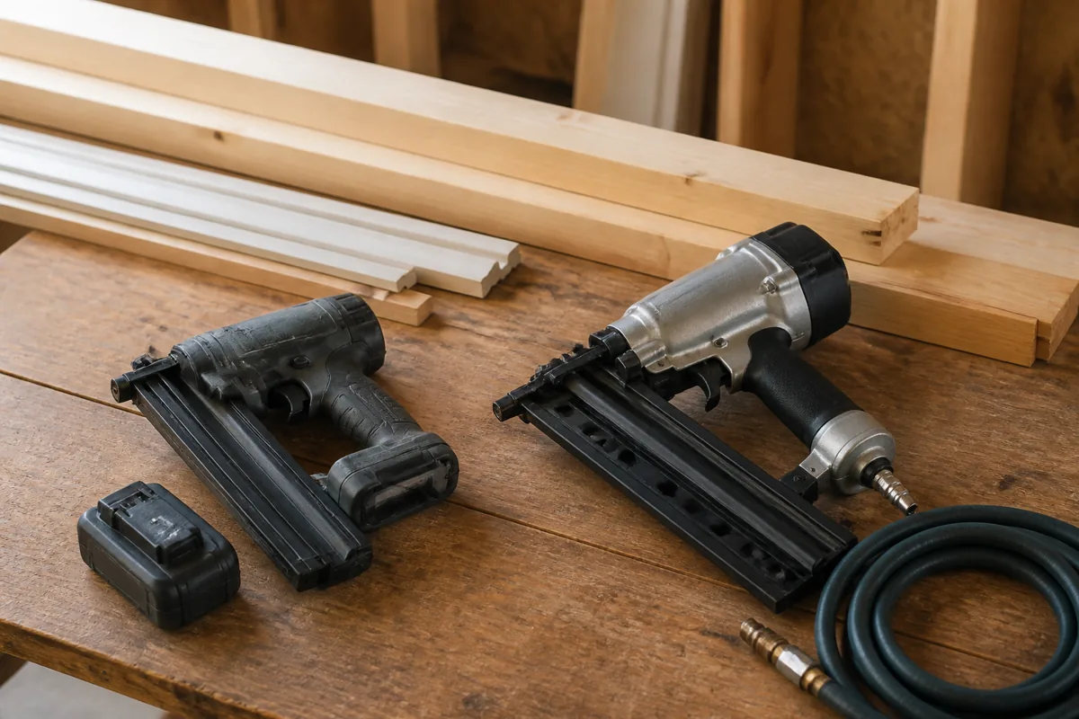 Cordless brad nailer and pneumatic framing nailer beside trim, lumber, a battery and an air hose